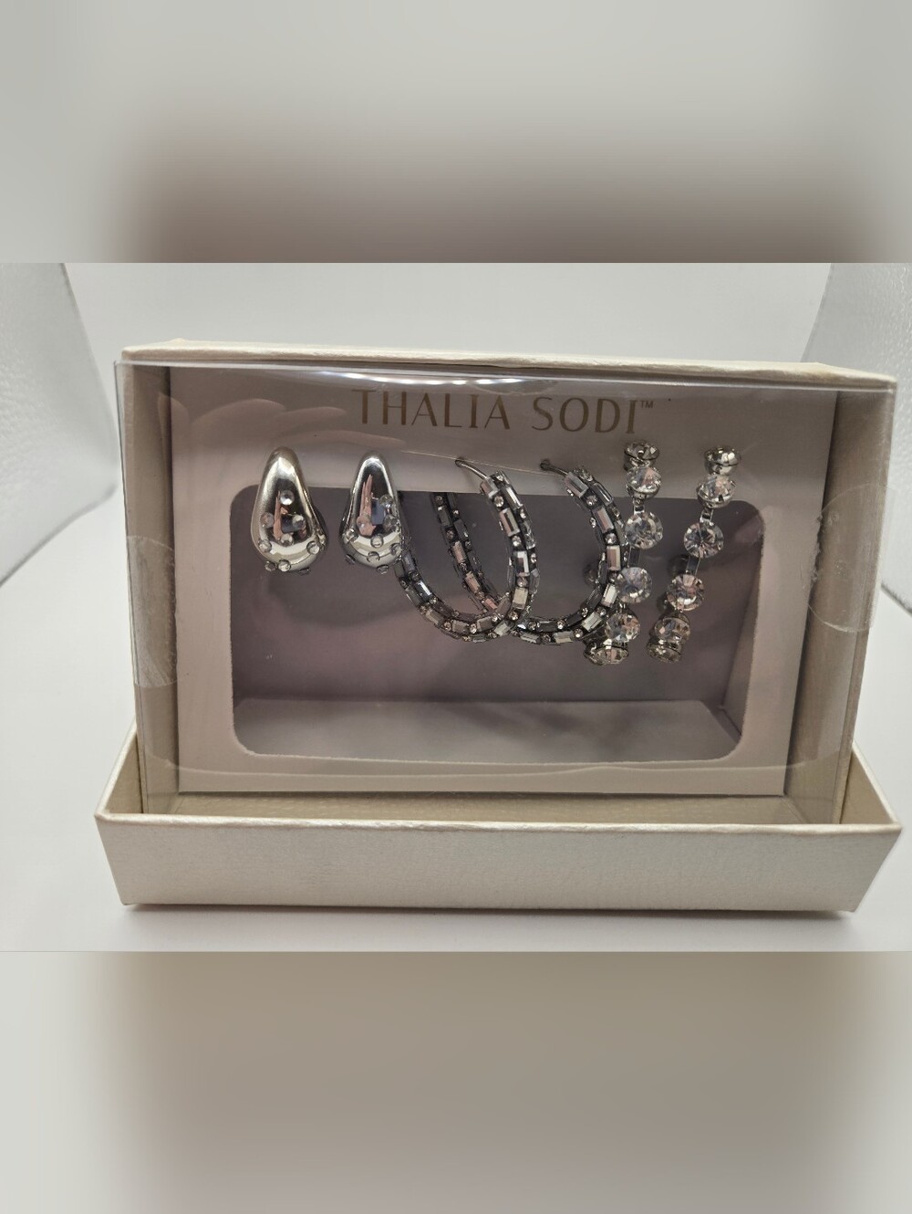 NIB Thalia Sodi Silver Rhinestone Earring Trio Bling Statement Elegant Boss Chic